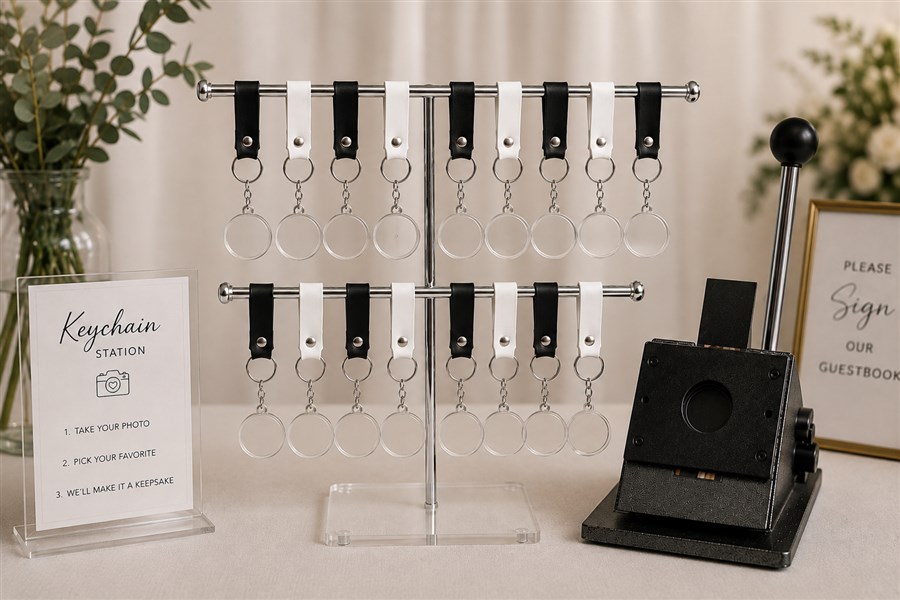 Keychain station with blank acrylic keychains ready for guest photos
