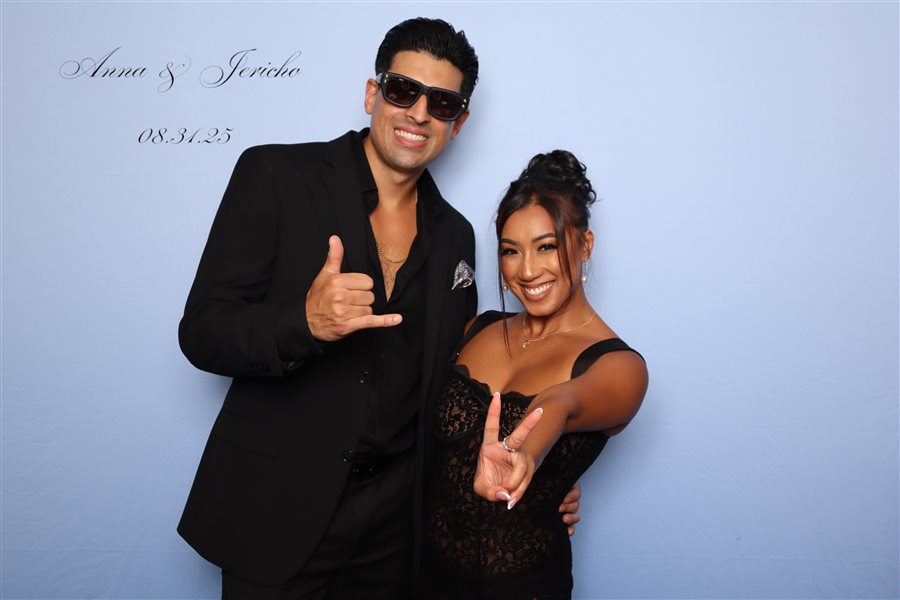 Guests posing together at Anna and Jericho's wedding photo booth